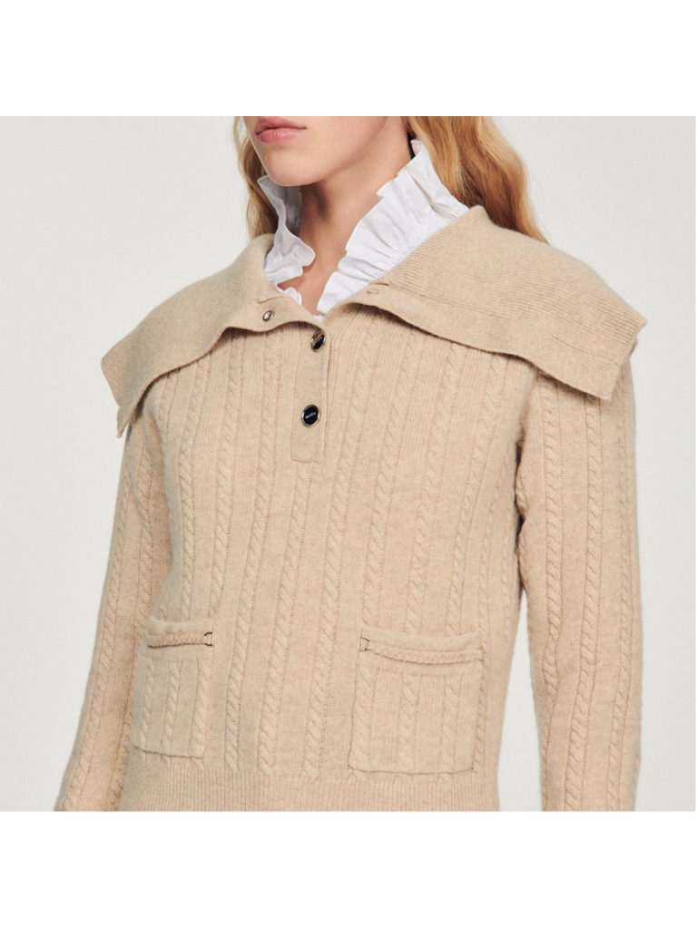 Sandro Paris Gotham Oversized Collar Beige Wool Cable Knit Sweater Size 0 ( Xs)